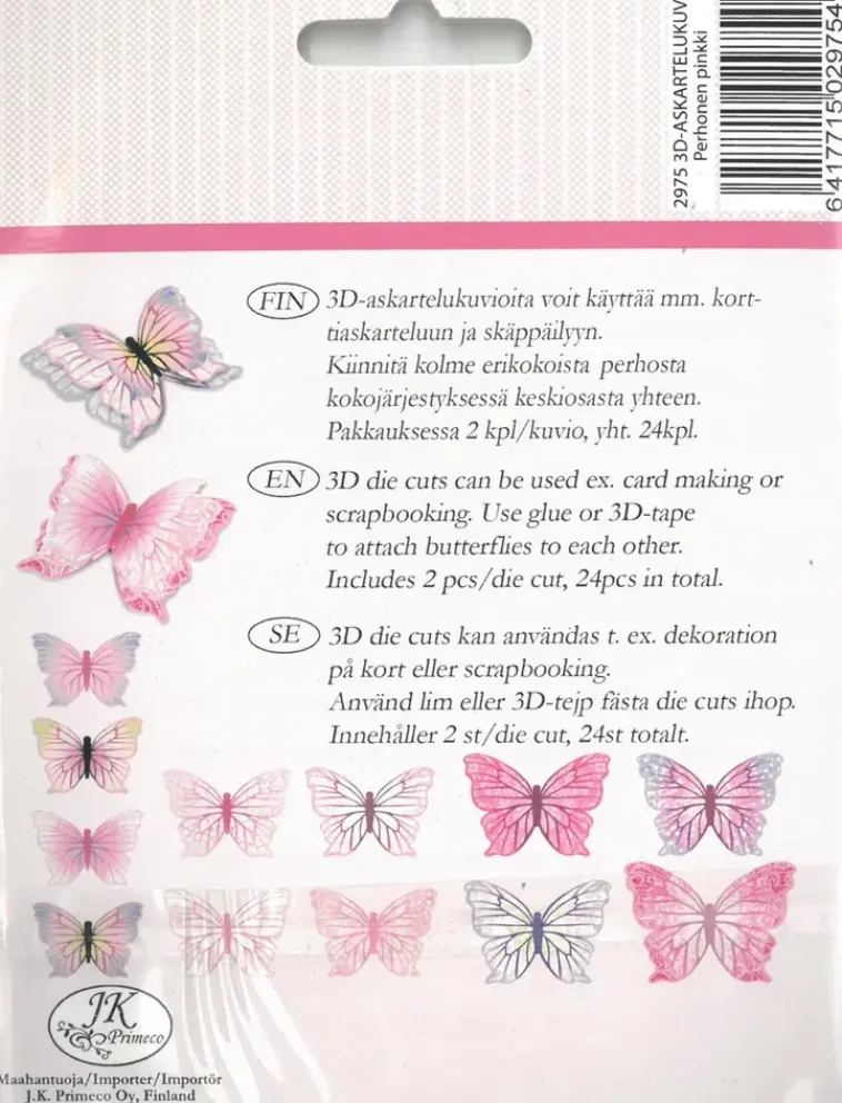 J.K. Primeco Askartelutarvikkeet-3D Askartelukuviot Perhonen 24Kpl/Pkt