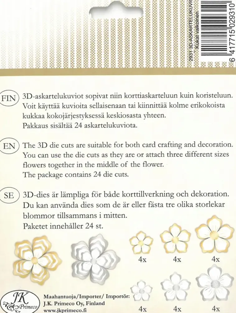 J.K. Primeco Askartelutarvikkeet-3D Askartelukuviot Kukka Valkoinen 24Kpl/Pkt