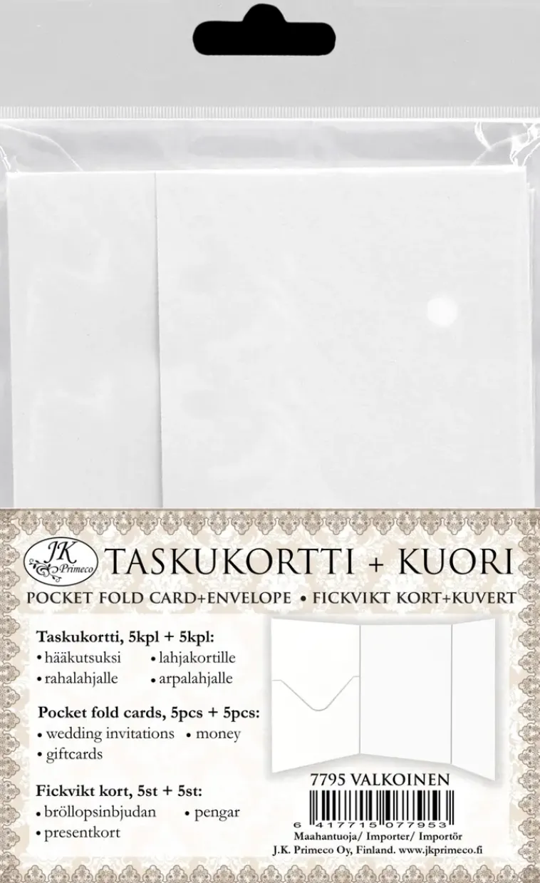 J.K. Primeco Askartelutarvikkeet-Taskukortti+Kuori Valkoinen 5Kpl+5Kpl